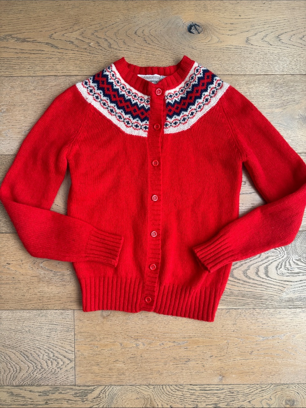 Vtg the Import Workshop red Fair Isle button-front cardigan blue white pattern